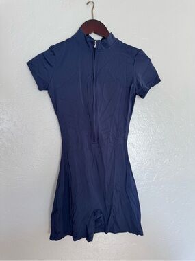 Navy Short-Sleeve Zip-Front Women’s Athletic Stretch Romper